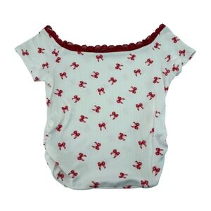 Discreet New York City White Red Bow Print Lace Trim Off Shoulder Top Large